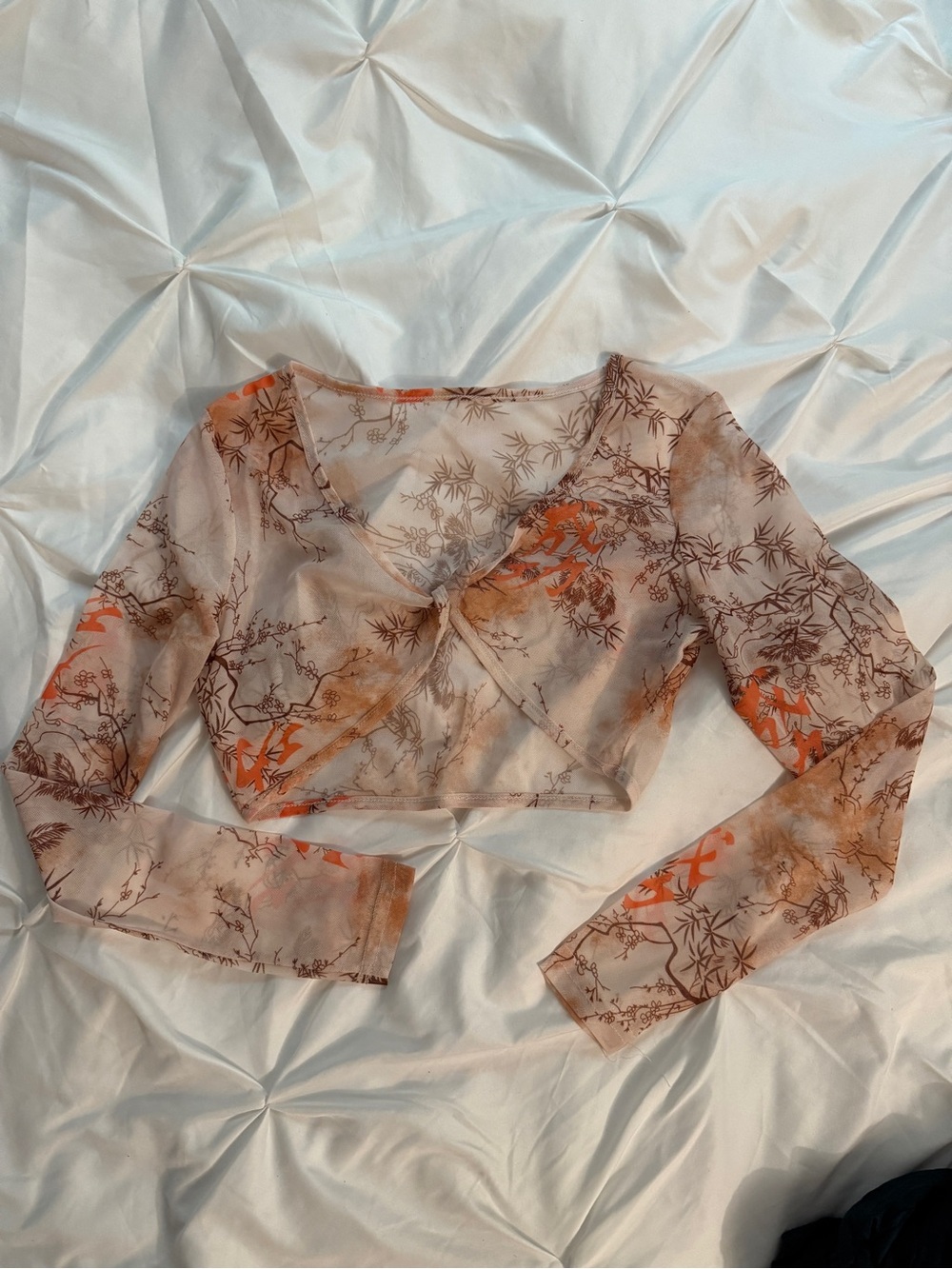 Sheer Floral Tie-Front Crop Top in Beige and Orange